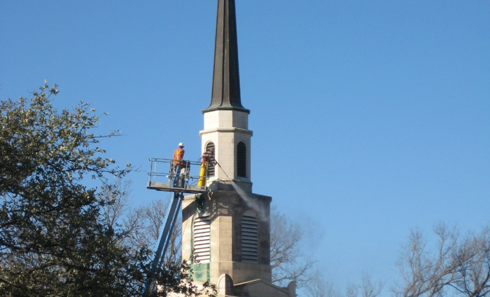 Tower steeple historic louver renovations under construction